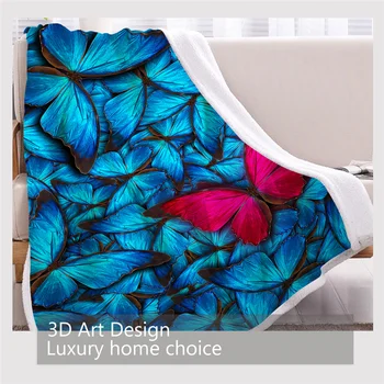 BlessLiving Butterflies Fluffy Blanket Colorful Butterfly Plush Bedspread Watercolor Beautiful Bedding Blue Red 3D Print Blanket 3