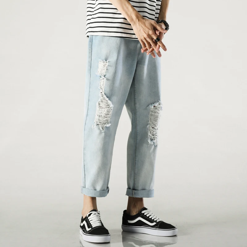 

Mens Solid Color Hole Men's Jeans Skinny Destroyed Ripped Jeans Broken Punk Straight Light Blue Pants Homme Hip Hop Men 2021