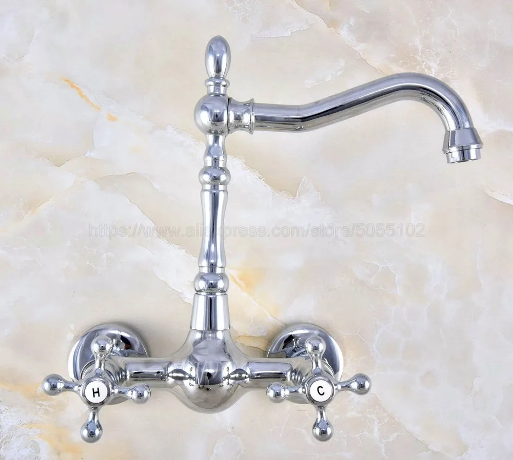 Polished Chrome Wall Mounted Swivel Spout Bathroom Sink Faucet Double Handle Mixer Tap znf578 | Обустройство дома