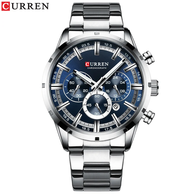 silver blue watch Роскошные мужские кварцевые часы от Топ Бренда CURREN из нержавеющей стали, с секундомером, релого - Цвет: silver blue watch