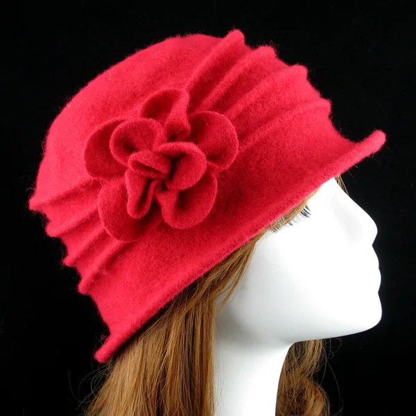 

Flower Decor Autumn Winter Solid Warm Mom Cap Fashion Women Wool Floppy Fedora Hat flower beanie