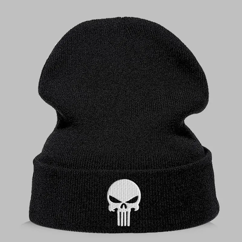Beanie шляпа Skullie шапка, вязаная шапка-носок Зимняя Вышивка в стиле панк Для мужчин Для женщин для мальчиков и девочек подростков уличных танцев череп Skelton черный, белый, серый