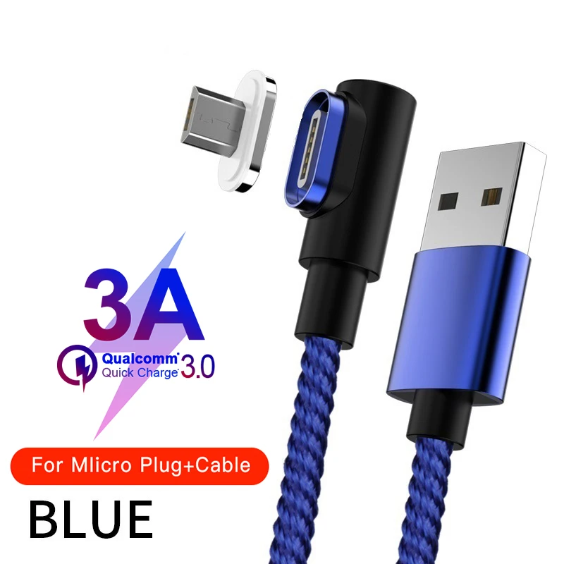 Магнитный кабель Micro USB кабель 90 DegreeType C Быстрая зарядка Кабо Для samsung S8 S9 huawei P20 P30 USB C Microusb зарядный шнур - Цвет: Blue For Micro