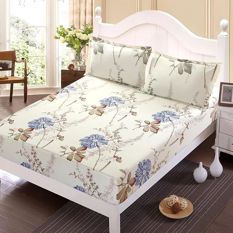 54 3pcs Bed Sheet With Pillowcase Blue Flower Printed Linen Queen Mattress Covers Fitted Sets Elastic | Дом и сад