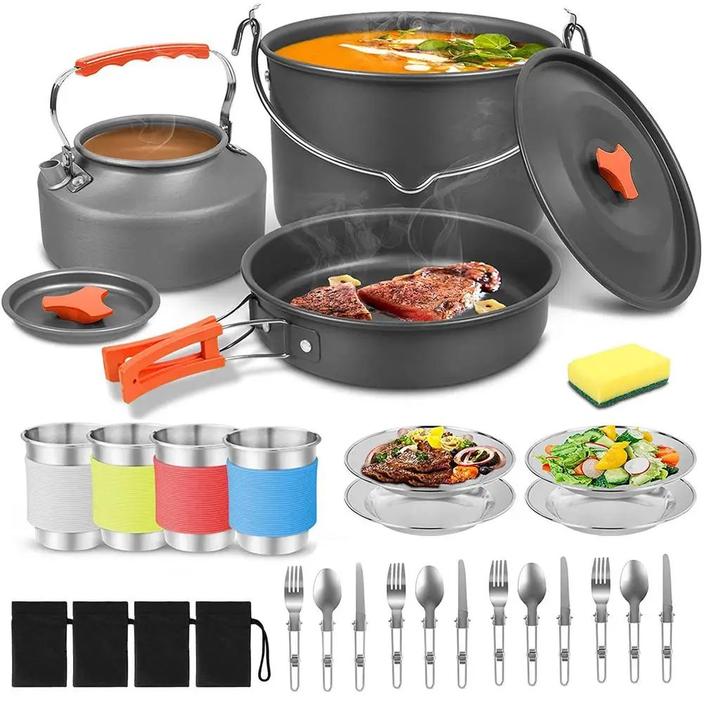 

21pcs/set Camping Cookware Cooker Set Outdoor Camp Picnic Pans Pots Teapot Kettle Cup Bottle Fork Knife Folding Tableware Kit