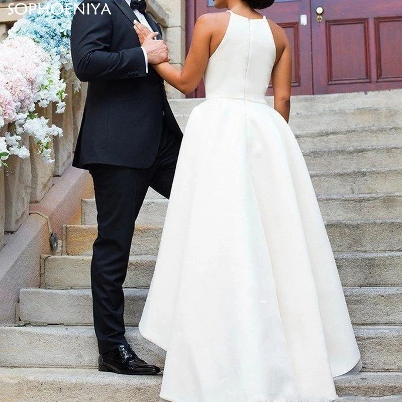 

New Arrival High Collar Wedding Dresses Hi Low Boho Bridal Dress Vestido De Noiva Muslim Satin Dubai Arabic Wedding Gown