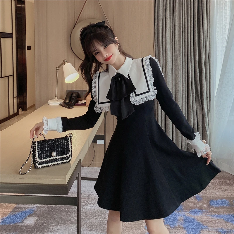

Autumn Women Vintage Black Dress Lolita Big Sailor Collar Bow Lace Up Teen Girls Soft Sister Sweet Long Sleeve Slim Dresses