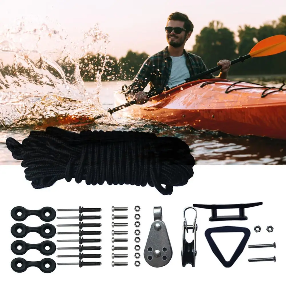 

Kayak Canoes Anchor Trolley Kit with Pulleys Pad Eye Cleats Ring 30 Feet Rope Kayak Accessories