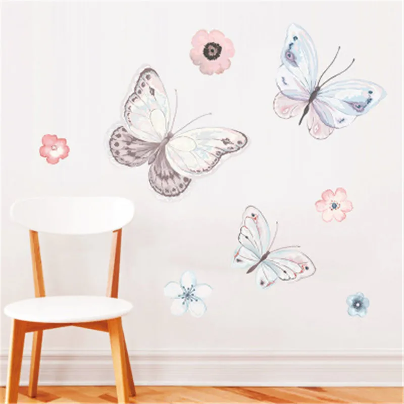 Настенные наклейки с розовыми белыми синими цветами красивые бабочки обои для