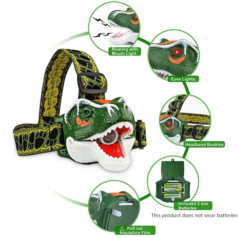 

T-Rex Dinosaur Headlamp Model LED Headlight Toy Head Lamp for Boys Camping Hiking Reading Toys Helmet Light Toys for children