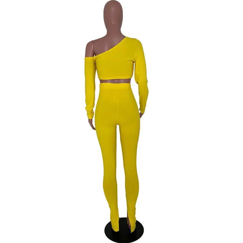 

ZKYZWX Rib Knitted Two Piece Sets Women Fall Tracksuit One Shoulder Long Sleeve Crop Top Pant Matching Sets Sexy Club Outfits