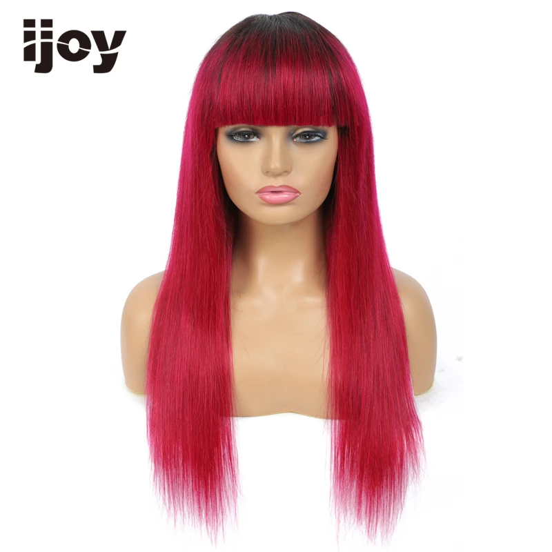 Парик из человеческих волос с челкой прямые волосы окрашенные Омбре бордовые