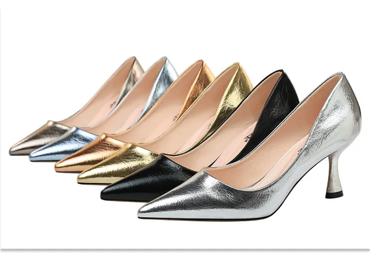 New Women Pumps High Thin Heel Metal Pointed Toe Shallow Sexy Ladies Bridal Wedding Women Shoes Gold High Heel Female Pumps