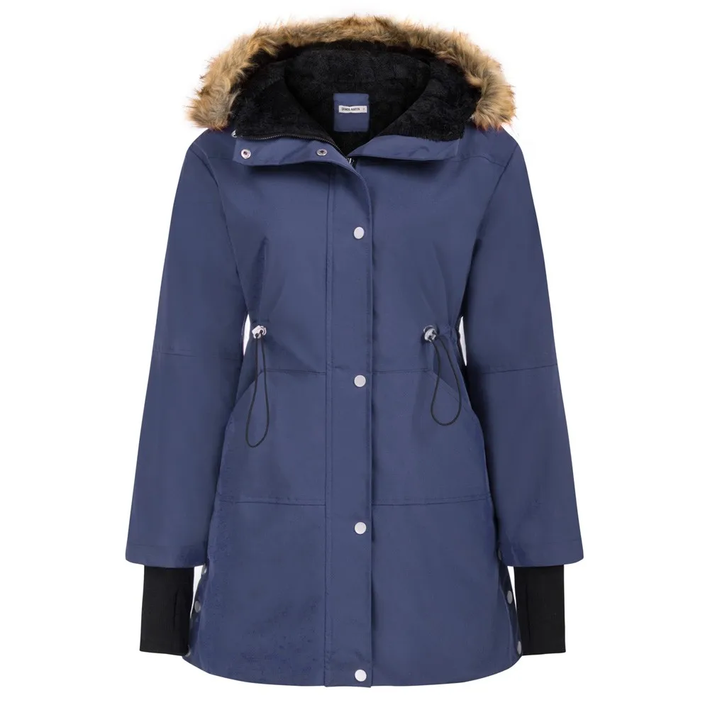 

GK Women Fleece Lined Padded Coat Winter Warm Drawstring Waist Hooded Outwear Ribbed Sleeve Cuffs With Thumb Hole
