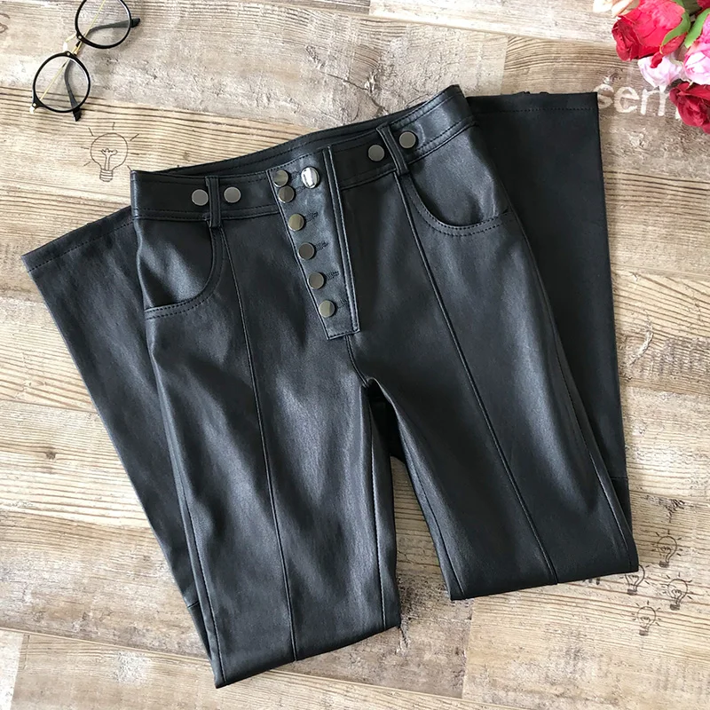 

2020 New Sheepskin Trousers Womens Black Genuine Leather Pants High-Waist Stretch Pants Fashion Tight Trousers