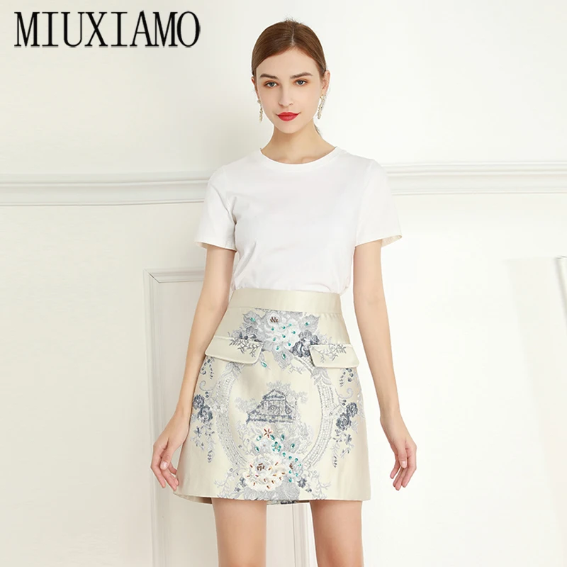 

Летняя женская юбка MIUXIMAO 2021 с высокой талией, жаккардовые юбки с вышивкой и цветами, Женская Милая Мини-Юбка для танцев для девушек, платье