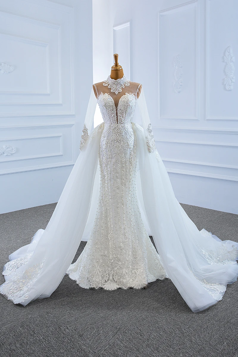 

elegant Mermaid Wedding Dress 2020 Detachable Long Train Luxury Sequined Lace Wedding Gown Lace Up Back Handmade Beaded Pearls