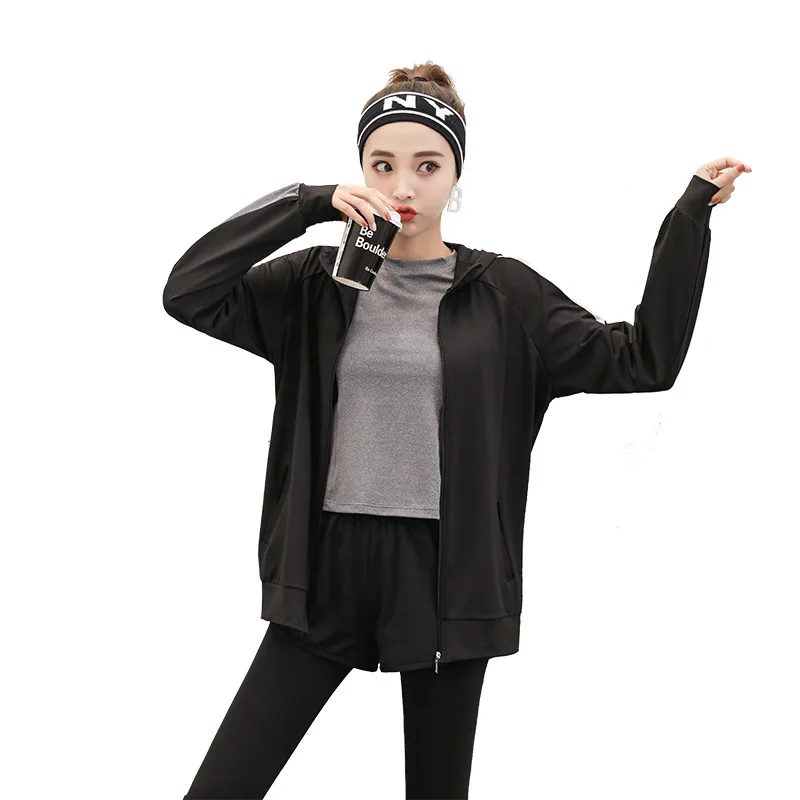 

Female outdoor sports black fitness suit 5-piece loose quick dry running training Yoga suit black vest beginner