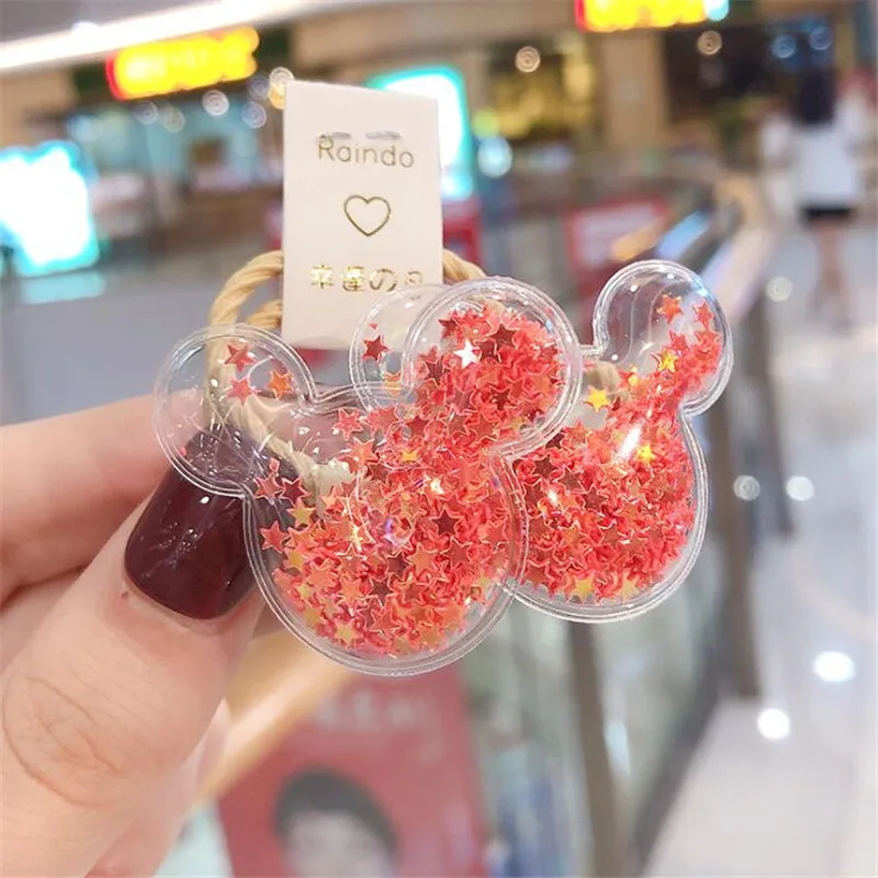 Red Minnie New Cute Crown Star Quicksand Scrunchies Children Girls Kids Elastic Hair Rubber Band Accessories Tie Hair Ring Rope Holder - Color: Red Minnie