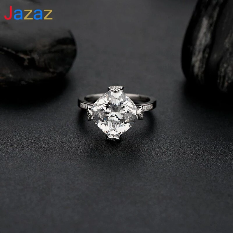 

Jazaz 100% 925 Sterling Silver Sparkling Fat Square Round Wedding Ring Women Party Fine Jewely Anniversary Wedding Gift B0780