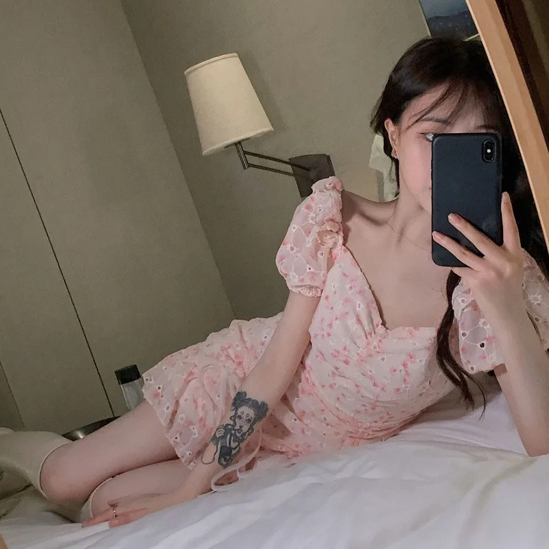 

Elegant Floral Dress Female One Piece Dress Women Casual Puff Sleeve Kawaii Sweet Flower Party Mini Dress Korean 2021 Summer Y2