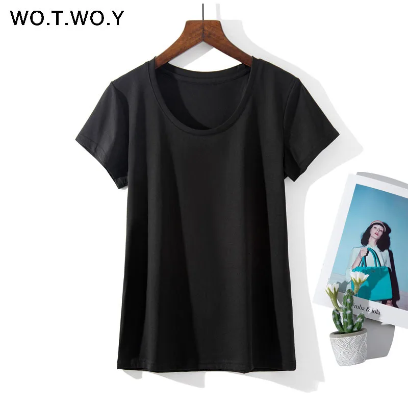 WOTWOY летние футболки 9 цветов размера плюс M-4XL женские футболки с круглым вырезом и коротким рукавом дышащие мягкие футболки женские Топы черные розовые футболки