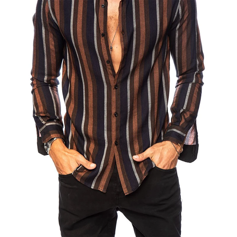 

2021 Mens Shirt Striped Turn-Down Collar Thin Slim Long Sleeve Shirt Business Mens Tops