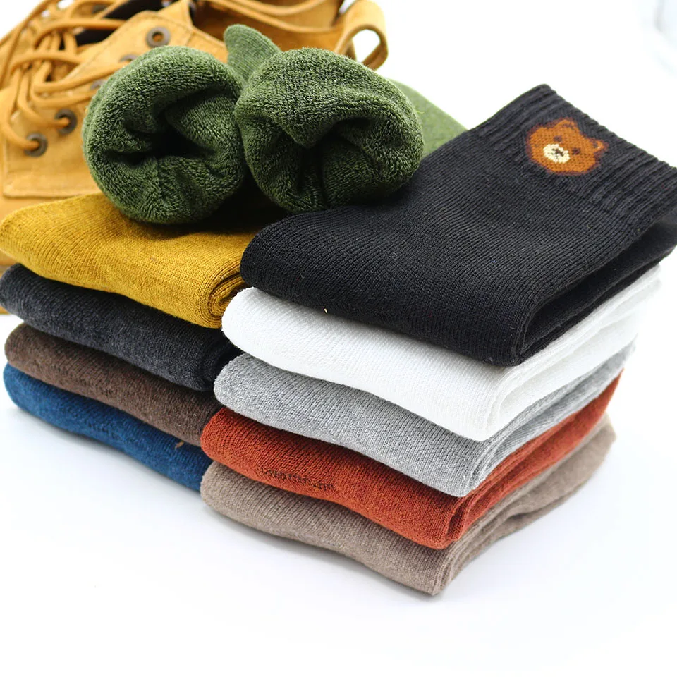 Winter New Women's Thick Warm Color Embroidery Bear Wool Fashion  Multicolor Harajuku Retro High Quality  Cotton Socks