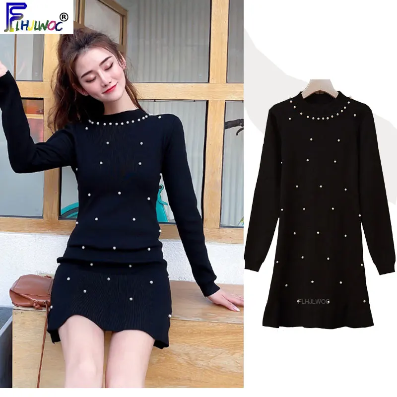 Зимние маленькие черные платья Женская приталенная Милая одежда с длинным