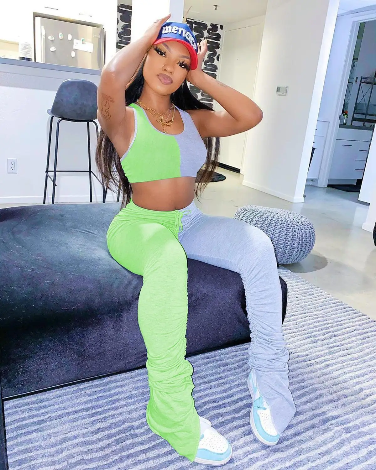 

Tracksuits stacked leggings stacked sweatpants Women summer Two Piece Set Flare Pants Stacked Joggers Bell Bottom Pants