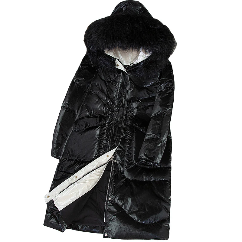 

Длинное зимнее женское пуховое пальто с большим меховым воротником, пуховая куртка, Корейская зимняя теплая куртка-пуховик на белом утином пуху, пальто, женская верхняя одежда с капюшоном