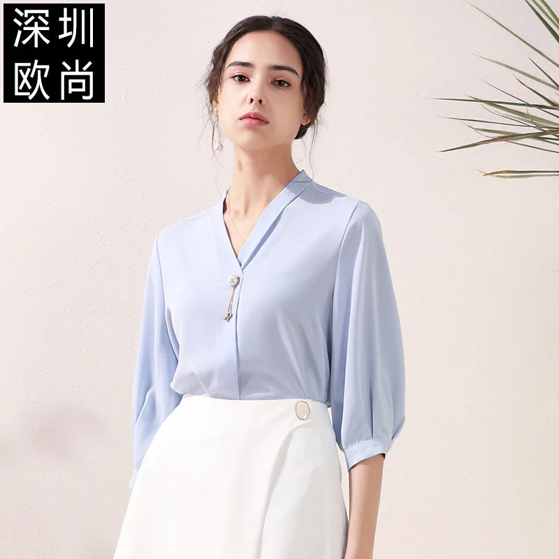 women tops and blouses blue chiffon v neck high quality 2020 summer office shirts long sleeve casual sexy plus size loose