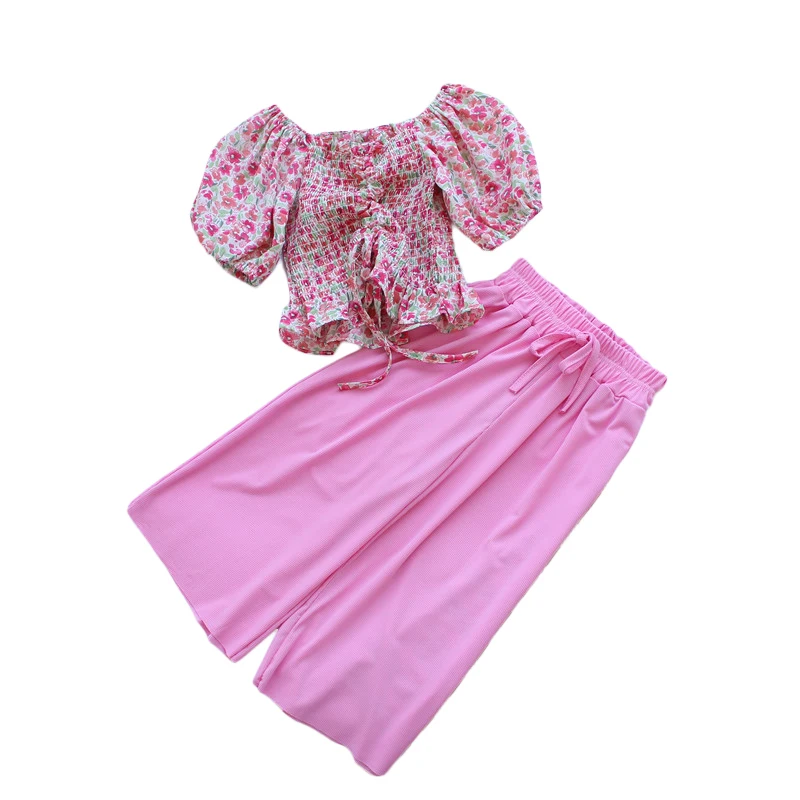 

Повседневная детская одежда, комплект из 2 предметов, летняя шифоновая рубашка с рукавами-фонариками, футболка с цветочным принтом + широкие штаны, комплект детской одежды