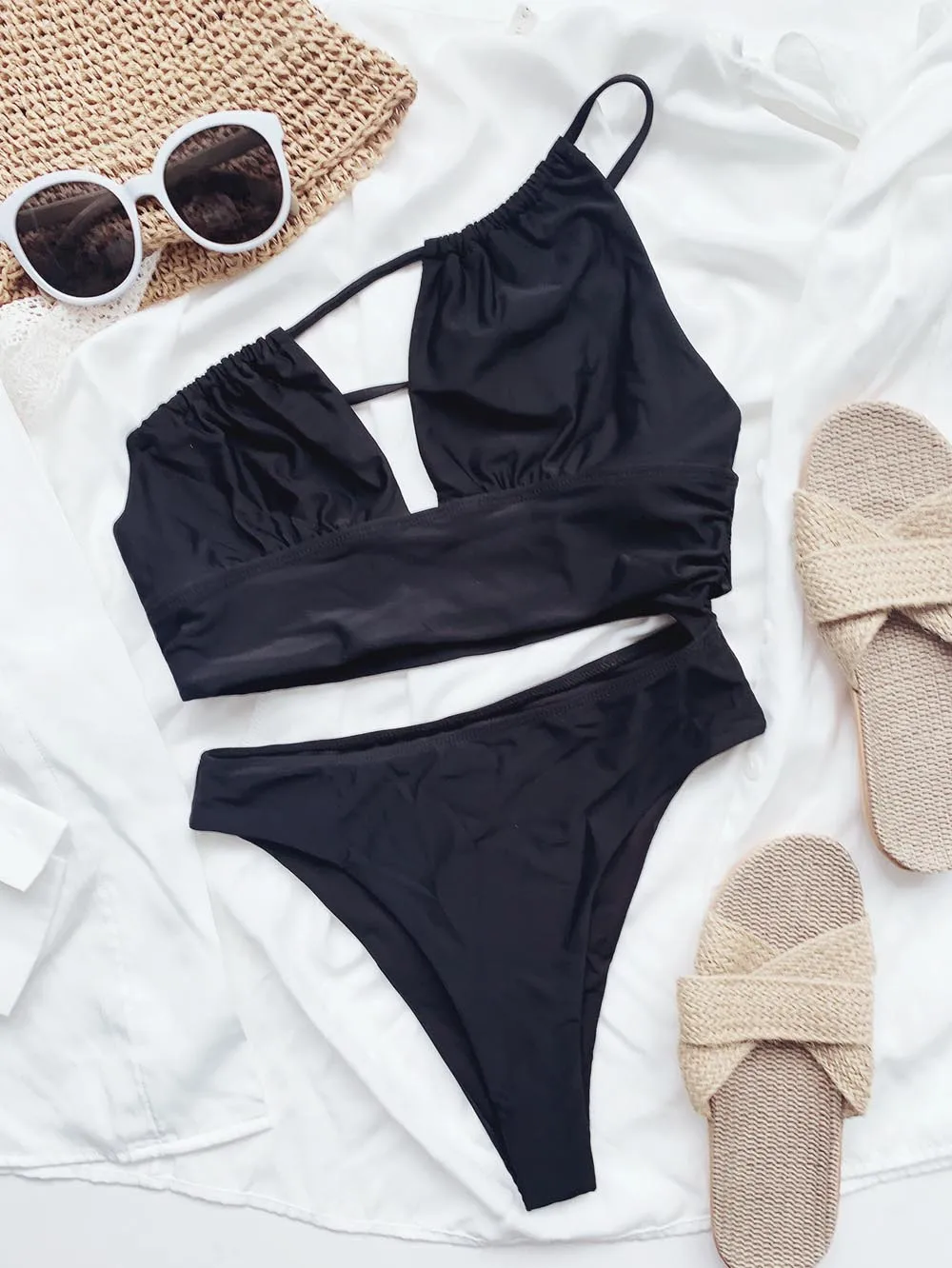 

New 2021 Black Halter Asymmetric Tummy Cut Out One Piece Swimsuit Women Swimwear Female Bather Bathing Suit Swim Lady