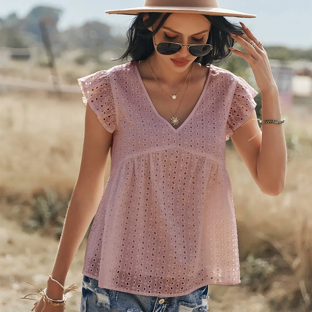 

2021 New Sweet Hollow Out Top Women Casual Spring Summer Flying Sleeve Blouse Ladies Loose V Neck Pullover Tops