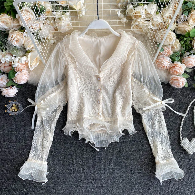 

Women New Fashion Long Sleeve Sweet Ruffled Slim Lace Shirt V Neck Elegant Solid Color High Waist Korean Clothing Blouse H938