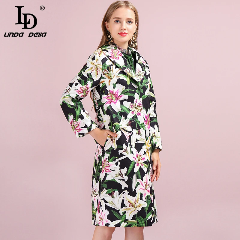 LD LINDA DELLA Autumn Winter Outwear Women's Coats Long Sleeve Floral Printed Button Beading Elegant Vintage Ladies Overcoat
