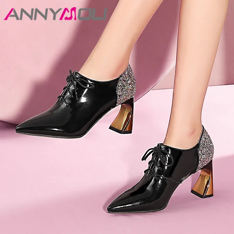 

ANNYMOLI High Heels Women Shoes Natural Genuine Leather Super High Heels Shoes Real Leather Bling Pointed Toe Pumps Ladies 33-44