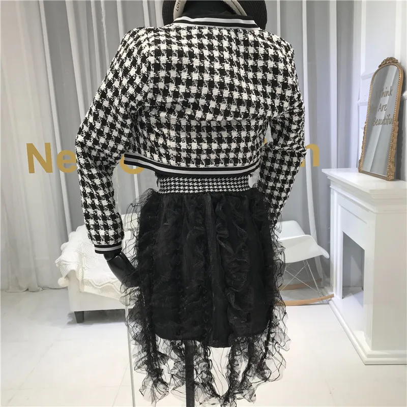 ALPHALMODA зимняя клетчатая одежда+ плиссированная кружевная юбка женский модный костюм из 2 предметов короткий твидовый пиджак с v-образным вырезом юбка шикарный комплект из 2 предметов