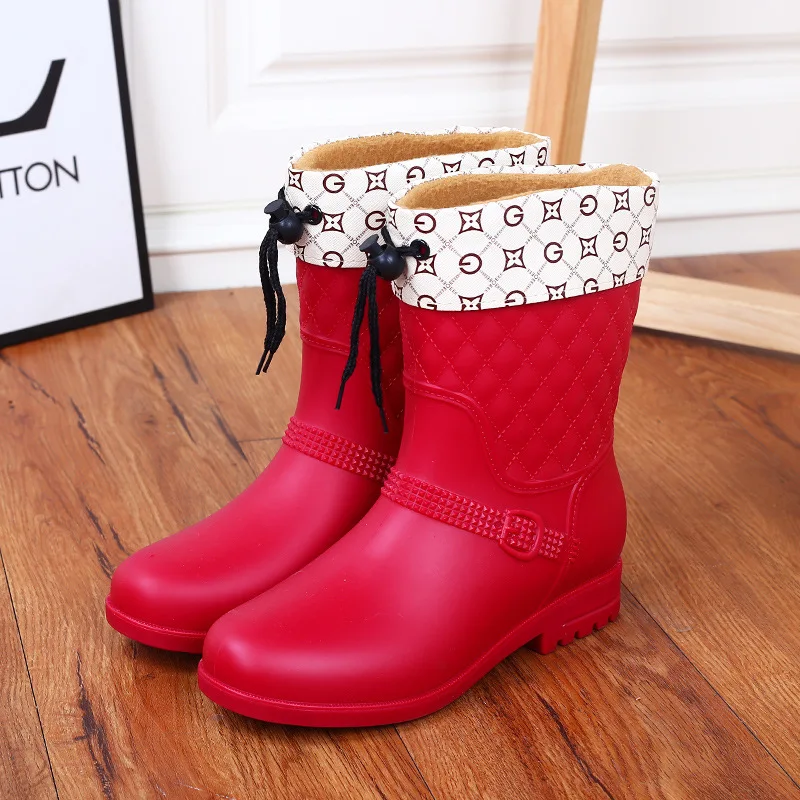 thicken red Женские непромокаемые сапоги из хлопка со съемным средним голенищем для взрослых; модные Нескользящие женские непромокаемые сапоги; непромокаемая обувь - Цвет: thicken red
