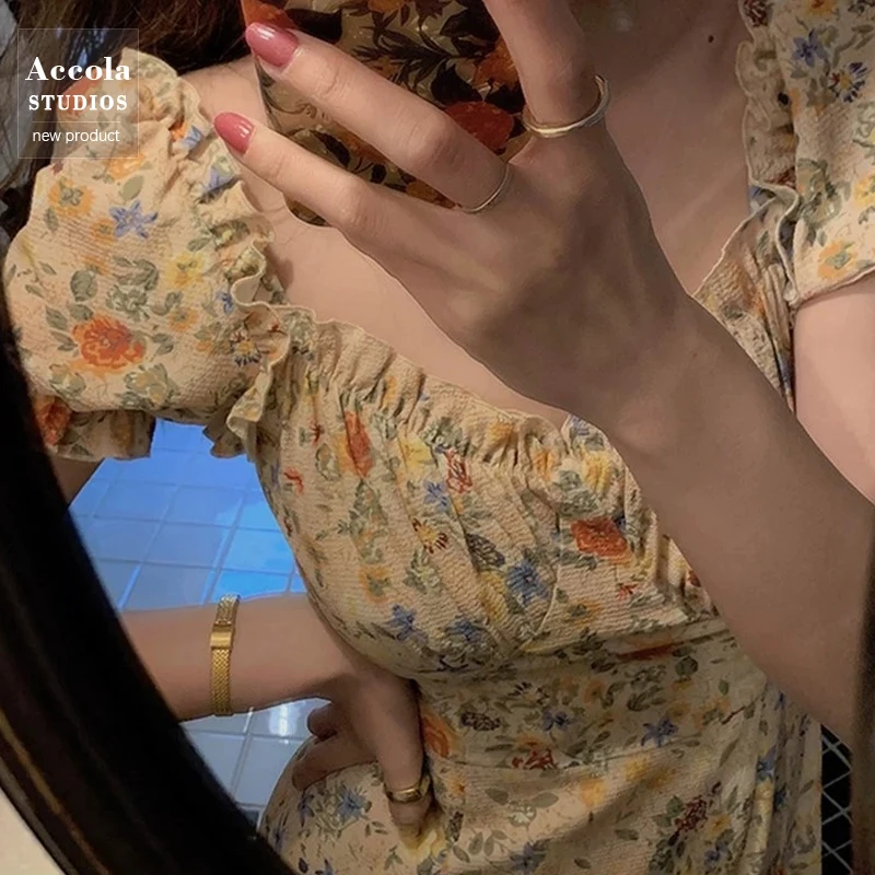 

2021 Summer Short Sleeve V-Neck Yellow Floral Print Midi Dress Women Slim Kawaii