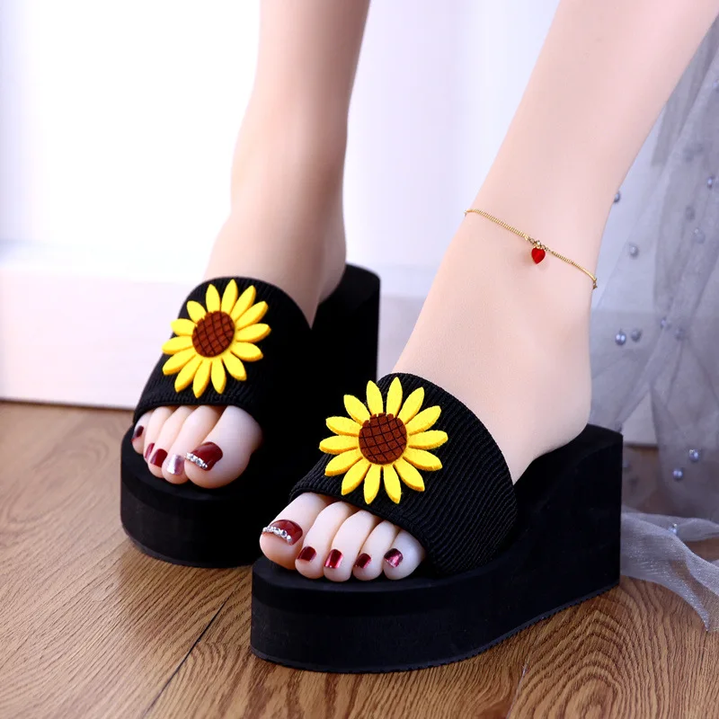 

2021 Outside Black Summer Women Slippers Wedges Thick Platform Non-slip Casual Ladies Sandals Flat High (5cm-8cm) Beach Shoes