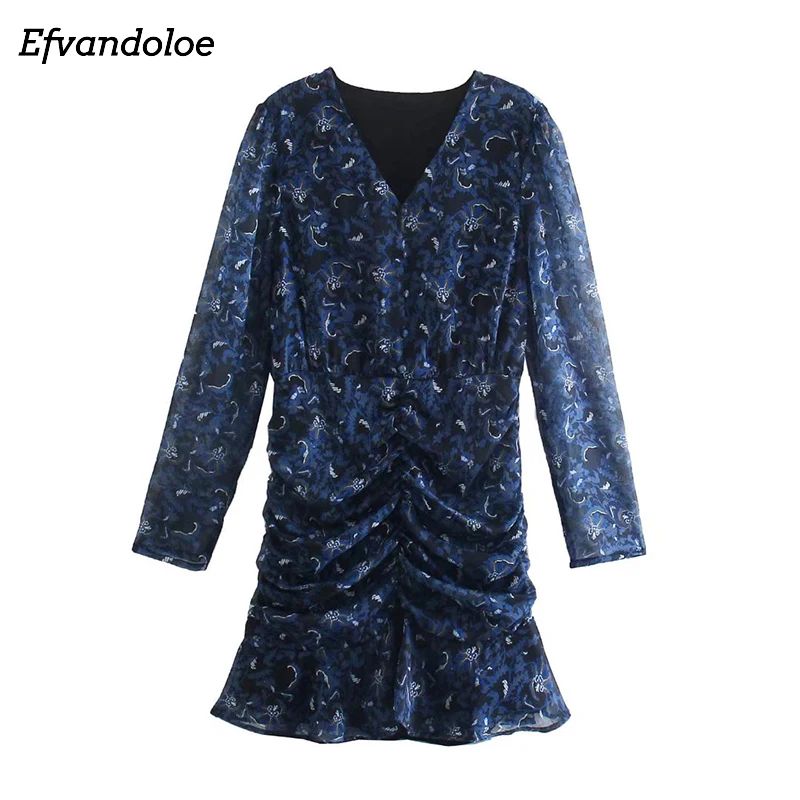 

Women Long Sleeve V-neck Chiffon Dress 2021 Floral Print Folds Ruffles Mini Dresses vestidos