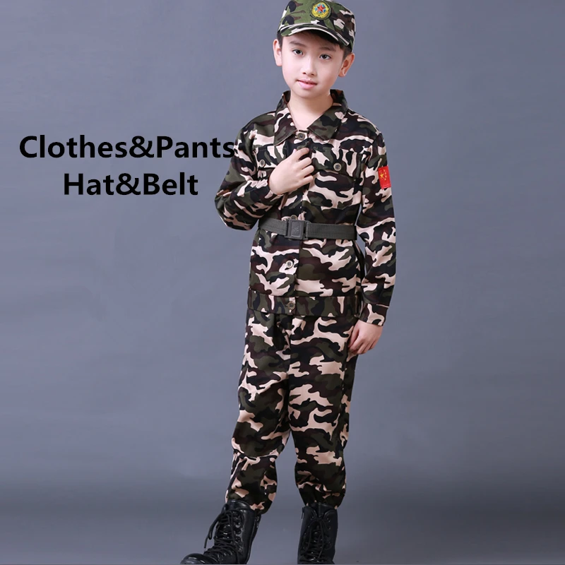 Black set Hat Belt Детская армейская военная форма, одежда для солдат, детская спортивная камуфляжная длинная куртка+ штаны+ шапка+ ремень, комплект армейской одежды - Цвет: Black set Hat Belt