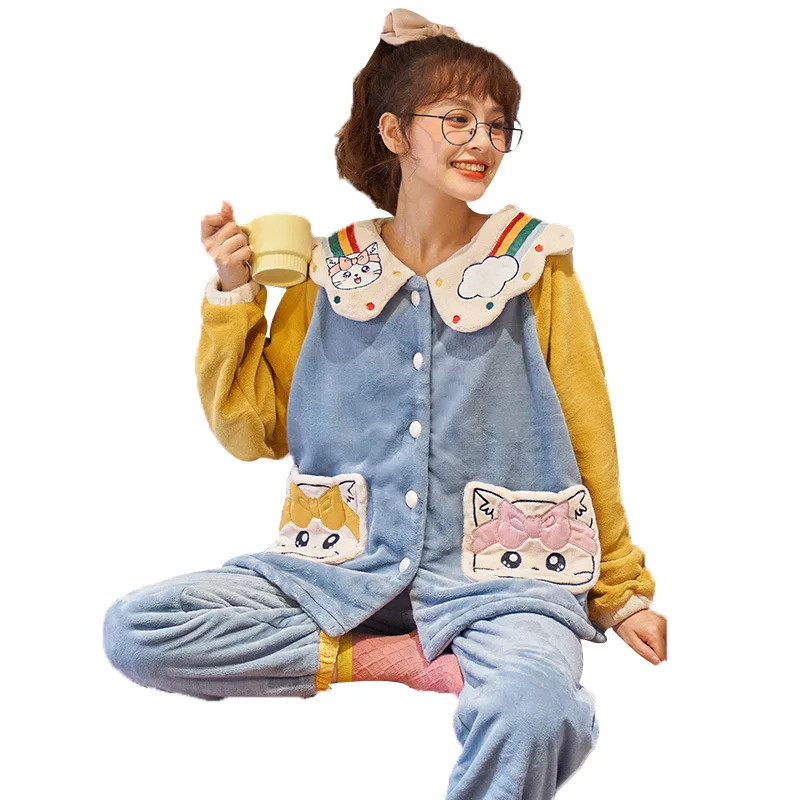 

Autumn Warm Pajamas Long Sleeved Cotton Home Suit Girl Princess Style Doll Collar Sleepwear Men Large Size Pijama Couple Pajamas