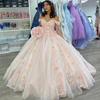 vestidos de 15 quinceanera dresses 2022 pink flowers ball gown sexy off the shoulder glitter lady debutante gowns girl wear