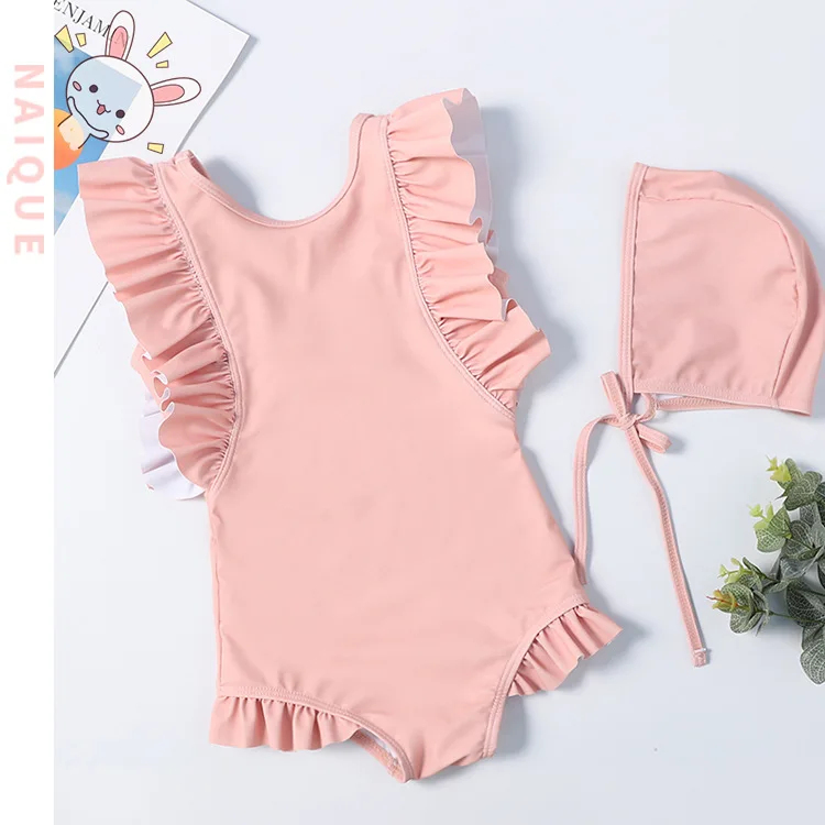 2020 летний детский купальник для маленьких девочек Цельный с оборками однотонное