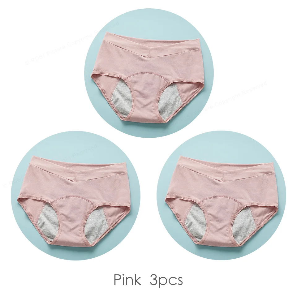 Pink 3pcs ROSI женское менструальное нижнее белье хлопок Комфорт высокая талия непроницаемые шорты трусики женские нижнее белье бренд трусы 3 шт - Цвет: Pink 3pcs