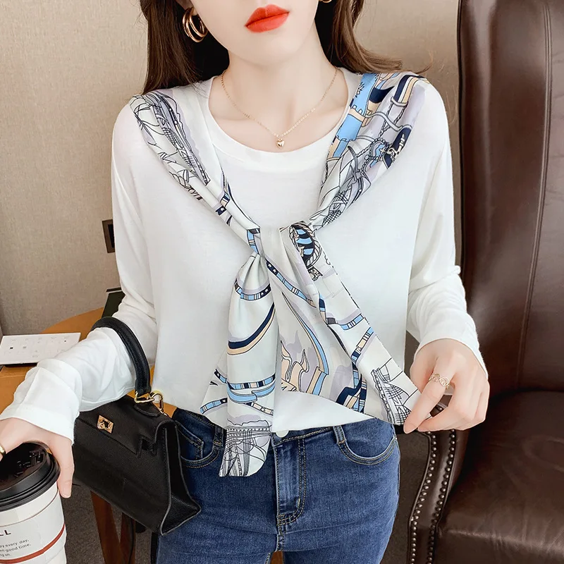 

2022 Spring New Long Sleeve Cotton White Shirt With Silk Scarf Wraping Fashion Office Working Casual Wear Korean Stylish