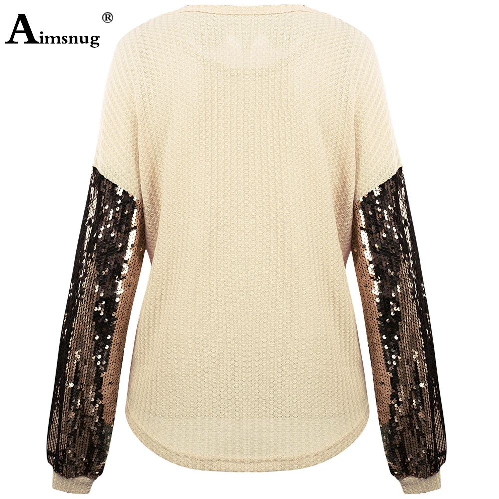 

Women Elegant Leisure Casual T-shirt Patchwork Tops Loose Womens Clothing 2021 Spring Autumn New Knitting Sequined Shirt Femme